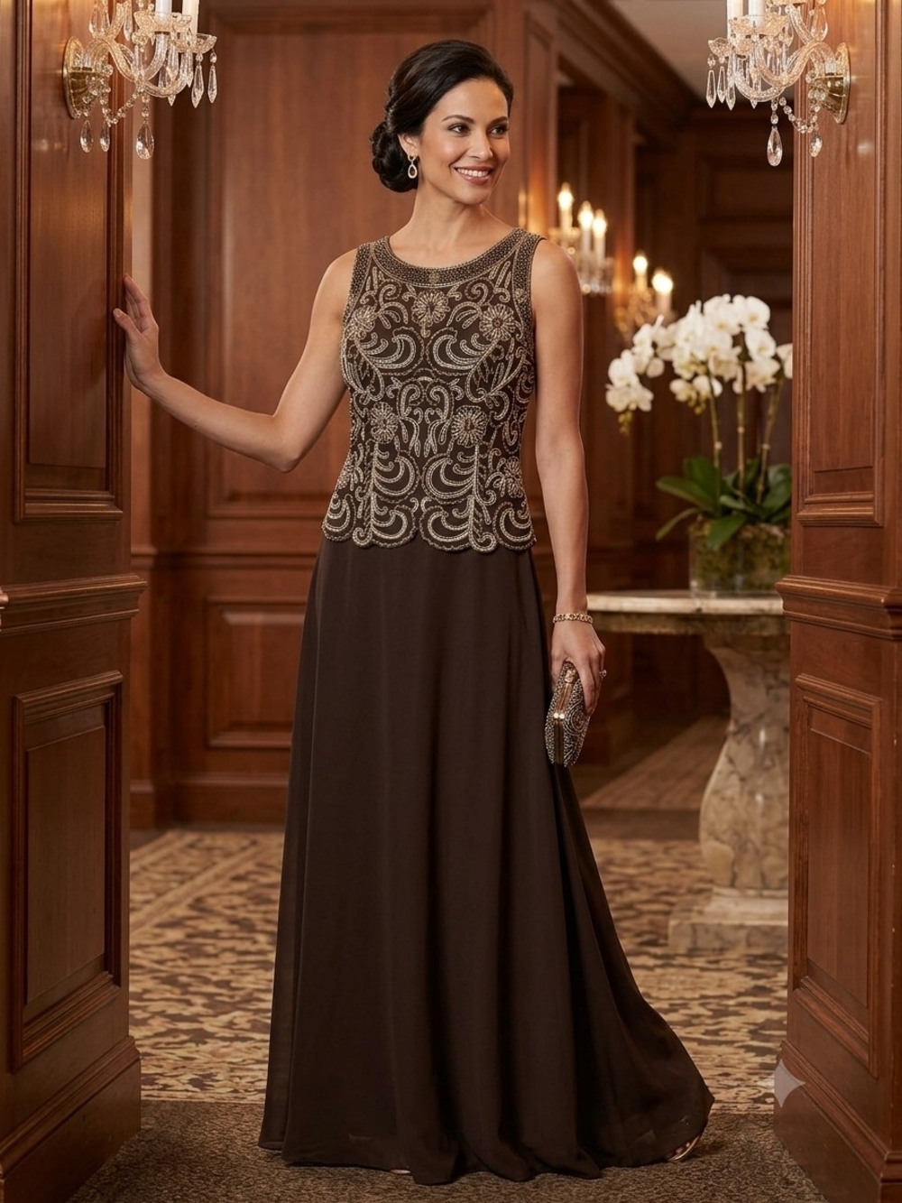 J Kara Brown Maxi Gown with Gold Beaded Bodice